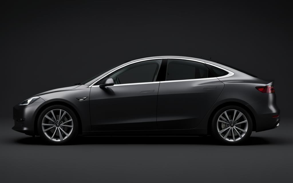 Tesla Model 3 in antracietgrijs, zijaanzicht
