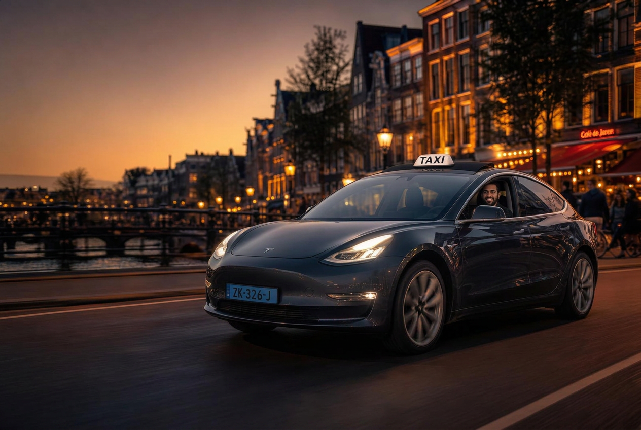 Glimlachende taxichauffeur rijdt door een drukke Nederlandse binnenstad in de avond
